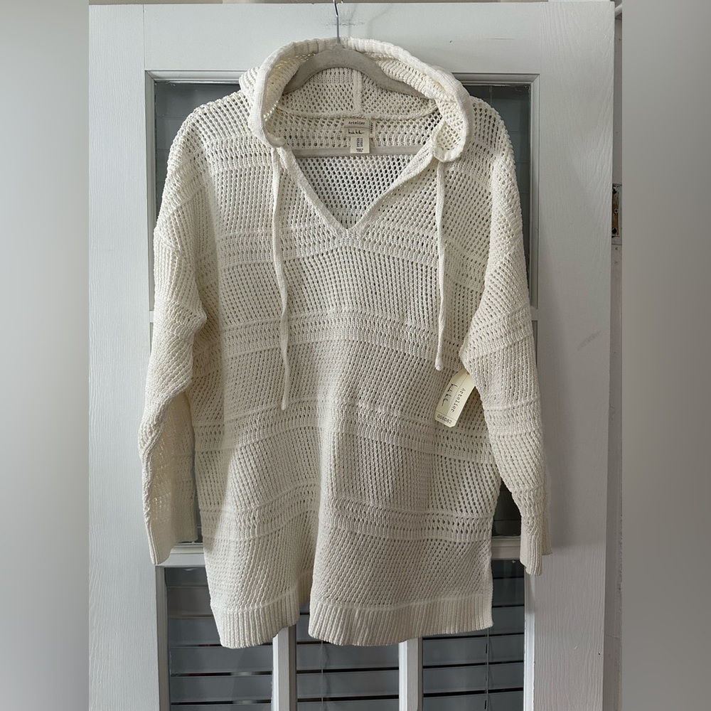 Nicole Miller Artelier Women’s 1X Cream Crochet Hooded Pullover Sweater